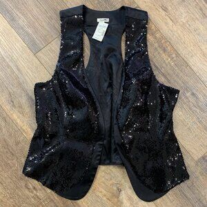 Cabaret Nightlife BLACK SEQUIN VEST Women's XL Silky Tie Back Whimigoth Coquette